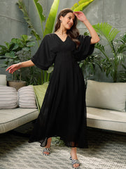 Women Black Kimono Sleeve Maxi Dress-SFDRSS12690