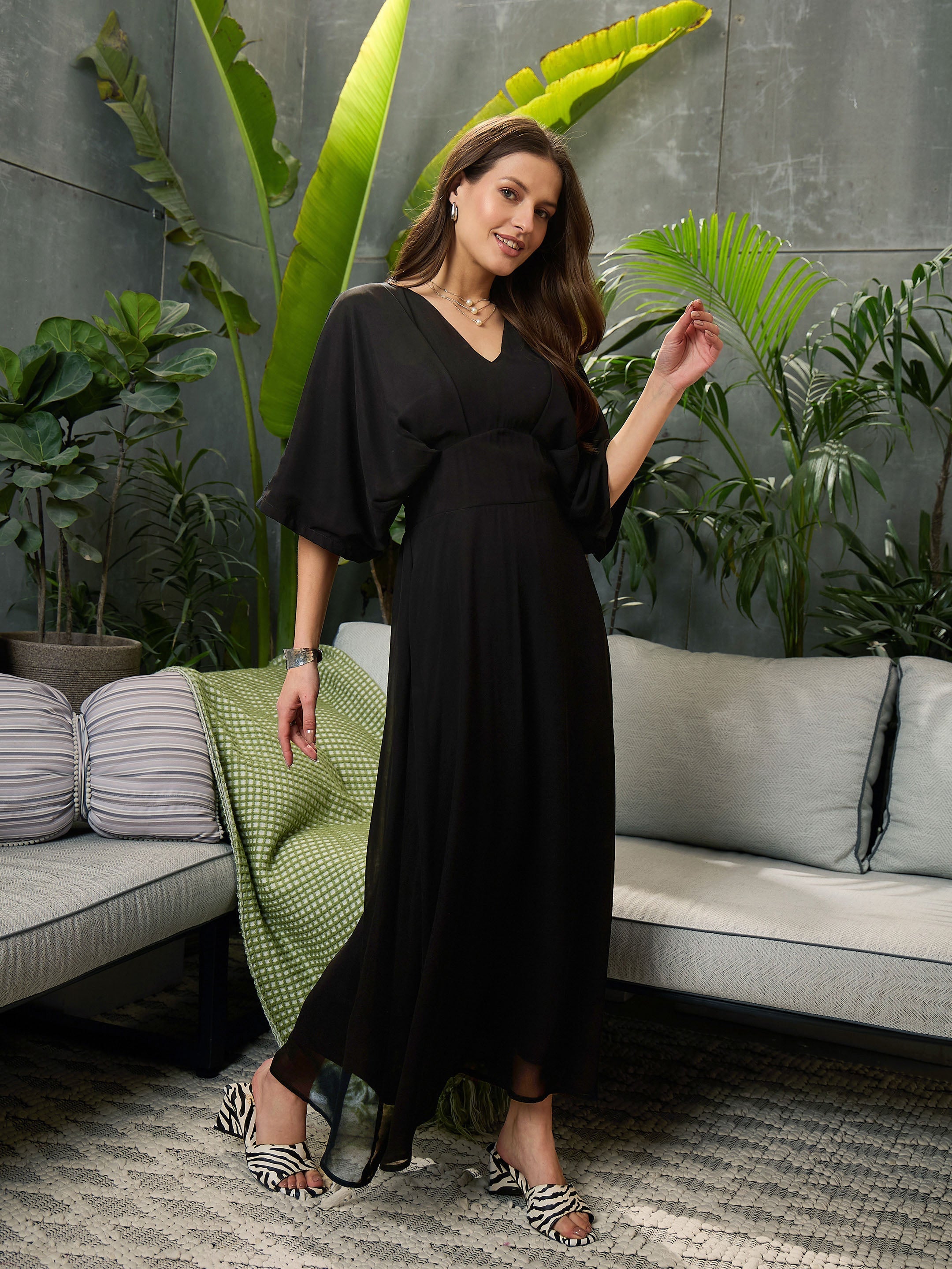 Women Black Kimono Sleeve Maxi Dress-SFDRSS12690