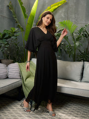 Women Black Kimono Sleeve Maxi Dress-SFDRSS12690