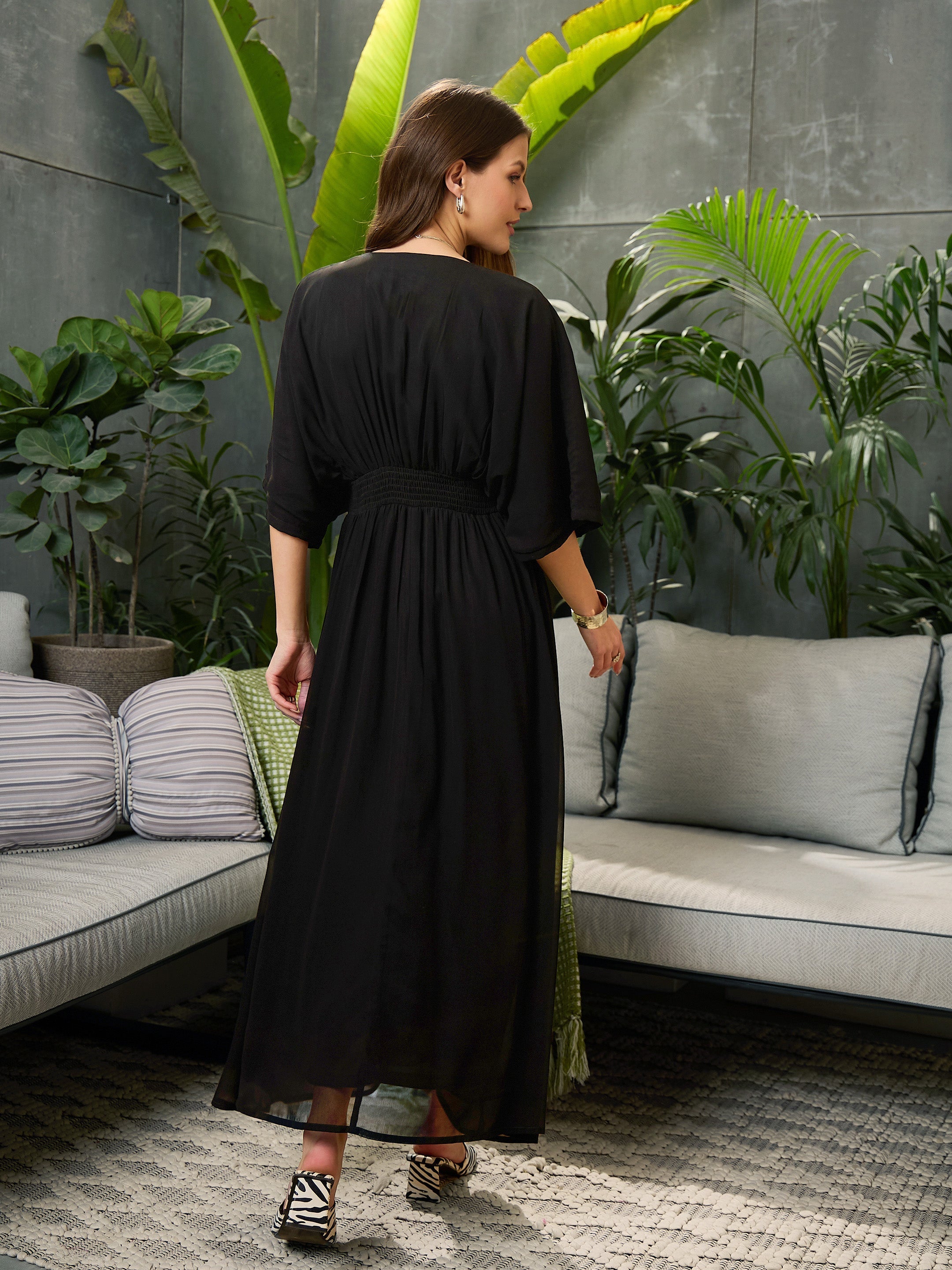 Women Black Kimono Sleeve Maxi Dress-SFDRSS12690