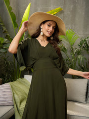 Women Olive Kimono Sleeve Maxi Dress-SFDRSS12691