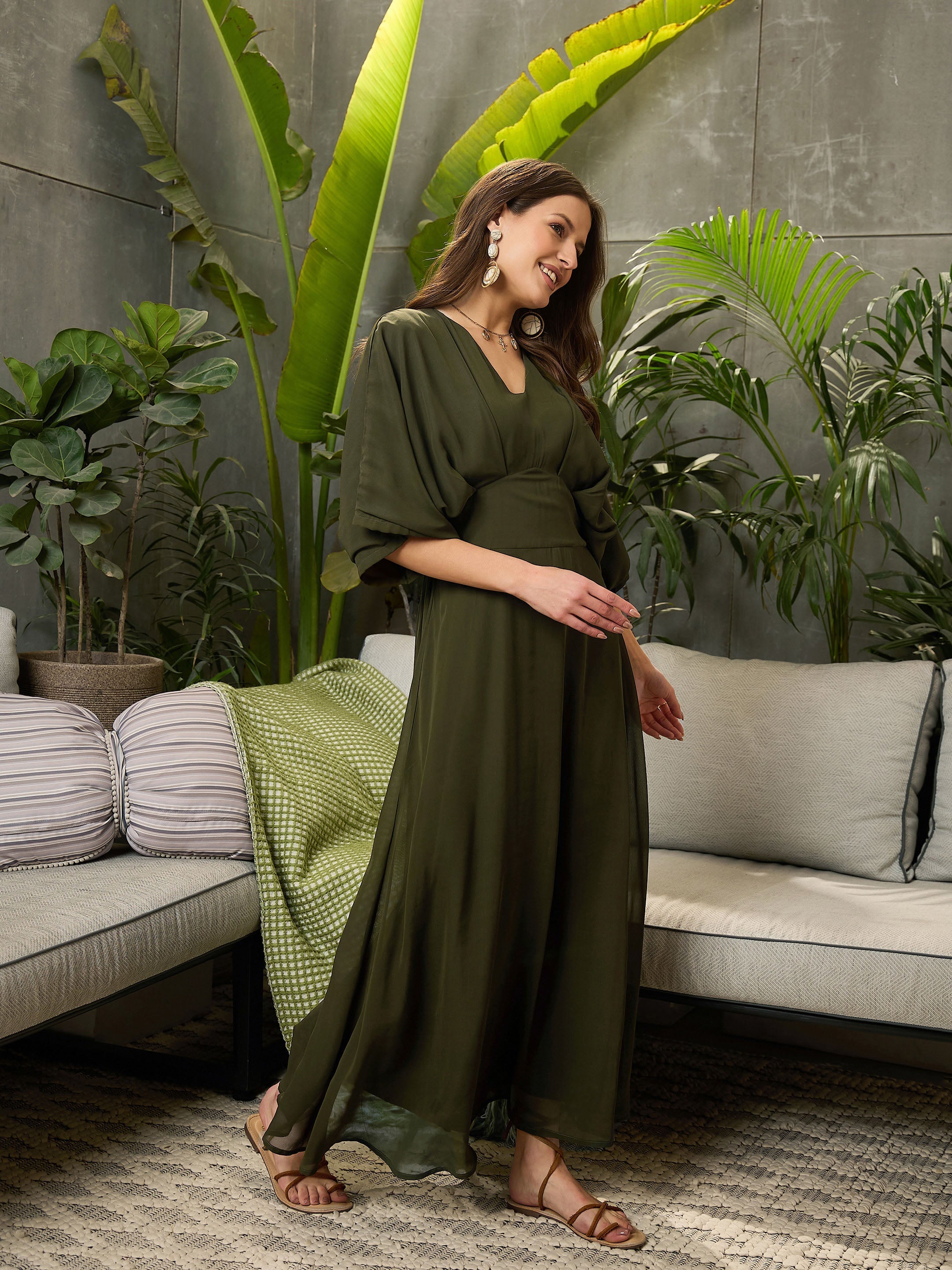 Women Olive Kimono Sleeve Maxi Dress-SFDRSS12691