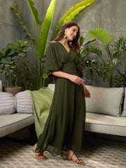 Women Olive Kimono Sleeve Maxi Dress-SFDRSS12691