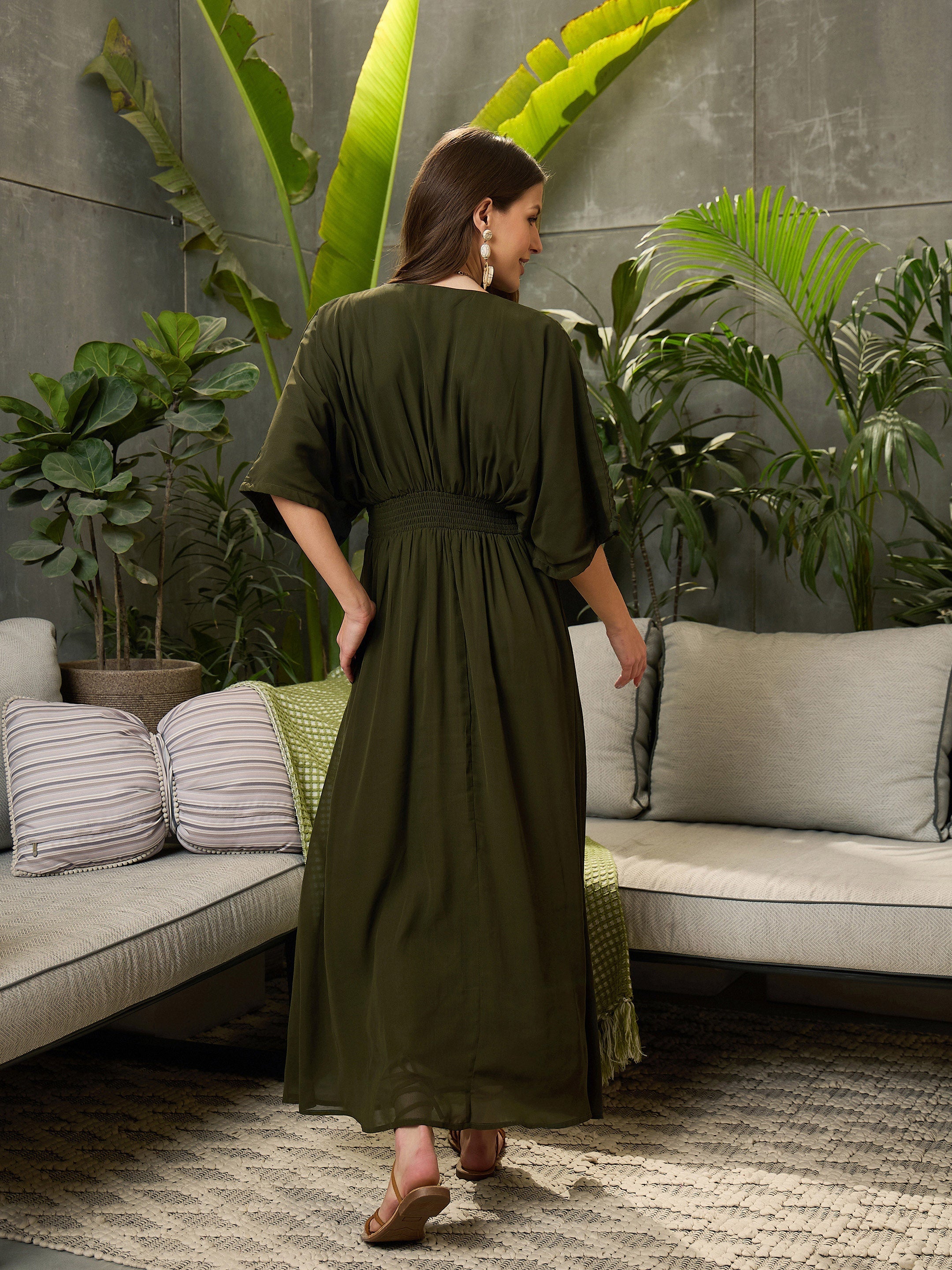 Women Olive Kimono Sleeve Maxi Dress-SFDRSS12691