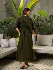 Women Olive Kimono Sleeve Maxi Dress-SFDRSS12691