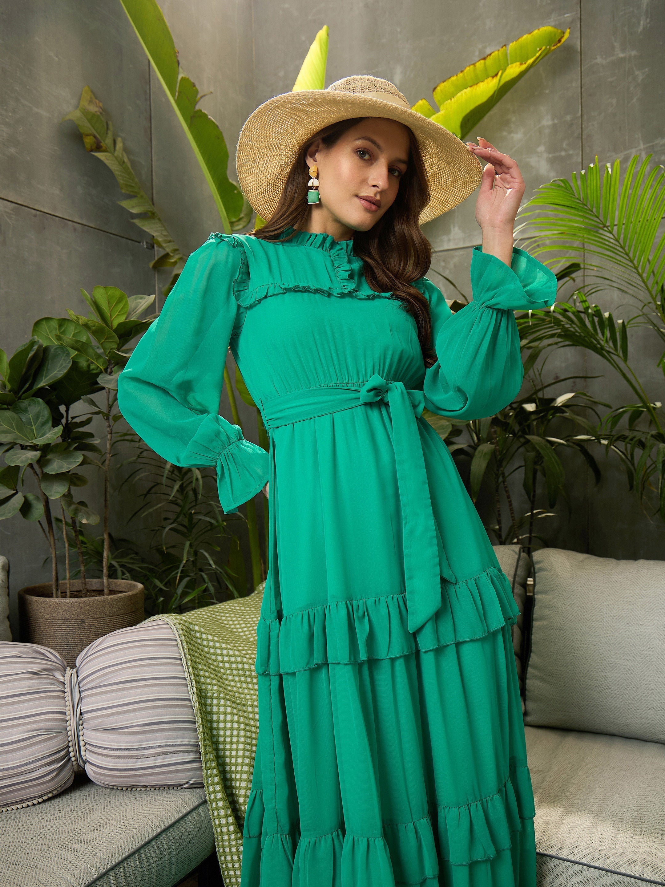 Women Green Tiered Maxi Dress-SFDRSS12693