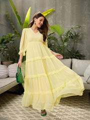 Women Yellow V-neck Tiered Maxi Dress-SFDRSS12695