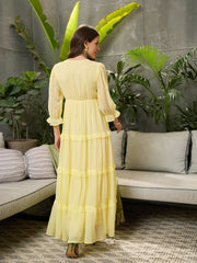 Women Yellow V-neck Tiered Maxi Dress-SFDRSS12695