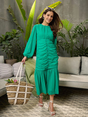 Women Green Front Ruched Detail Midi Dress-SFDRSS12697