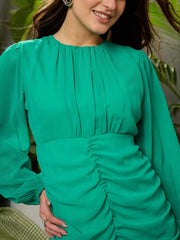 Women Green Front Ruched Detail Midi Dress-SFDRSS12697