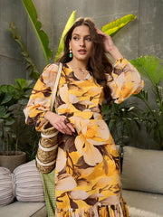 Women Yellow Floral Baloon Sleeve Midi Dress-SFDRSS12698