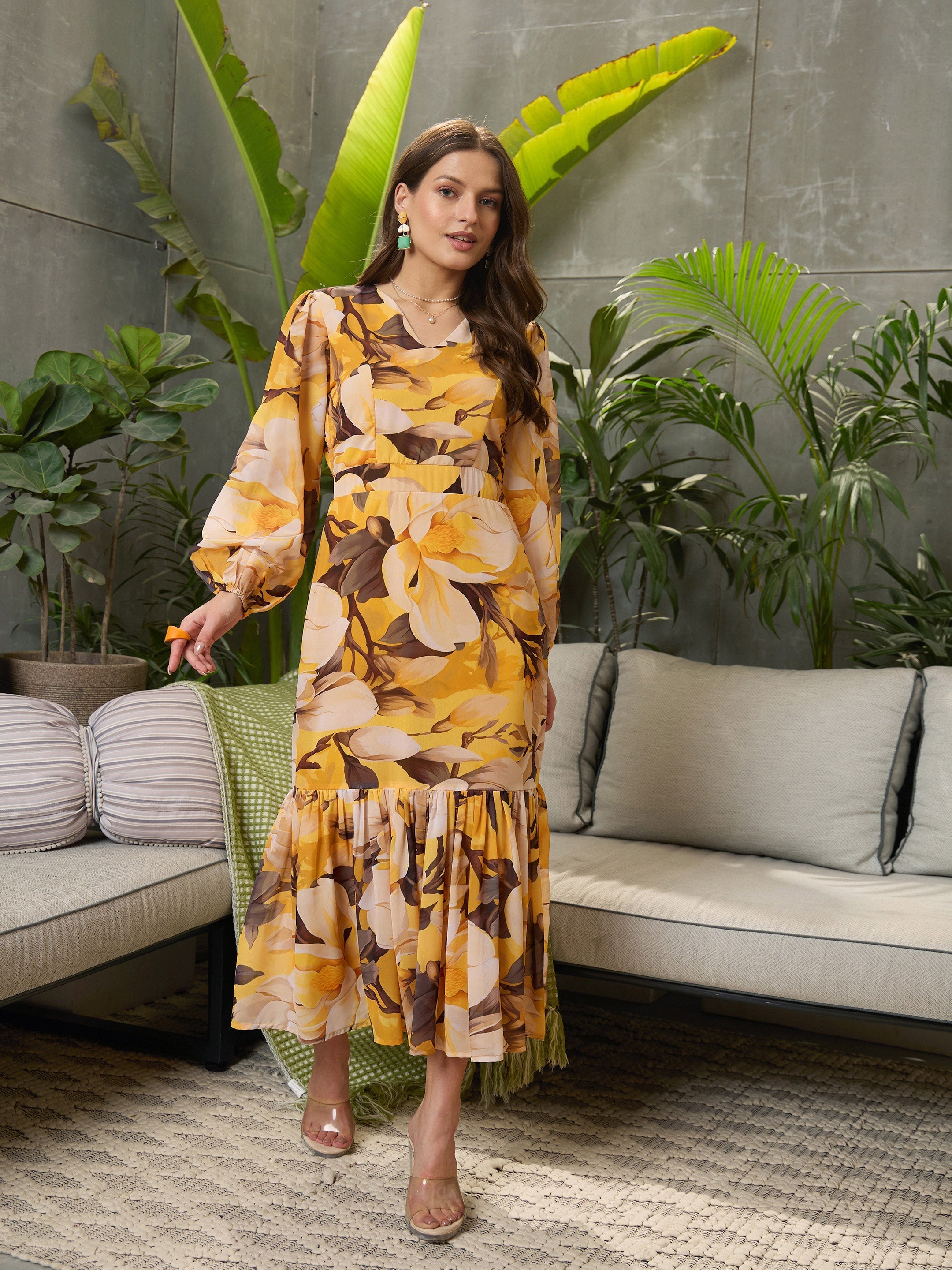 Women Yellow Floral Baloon Sleeve Midi Dress-SFDRSS12698