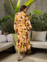 Women Yellow Floral Baloon Sleeve Midi Dress-SFDRSS12698