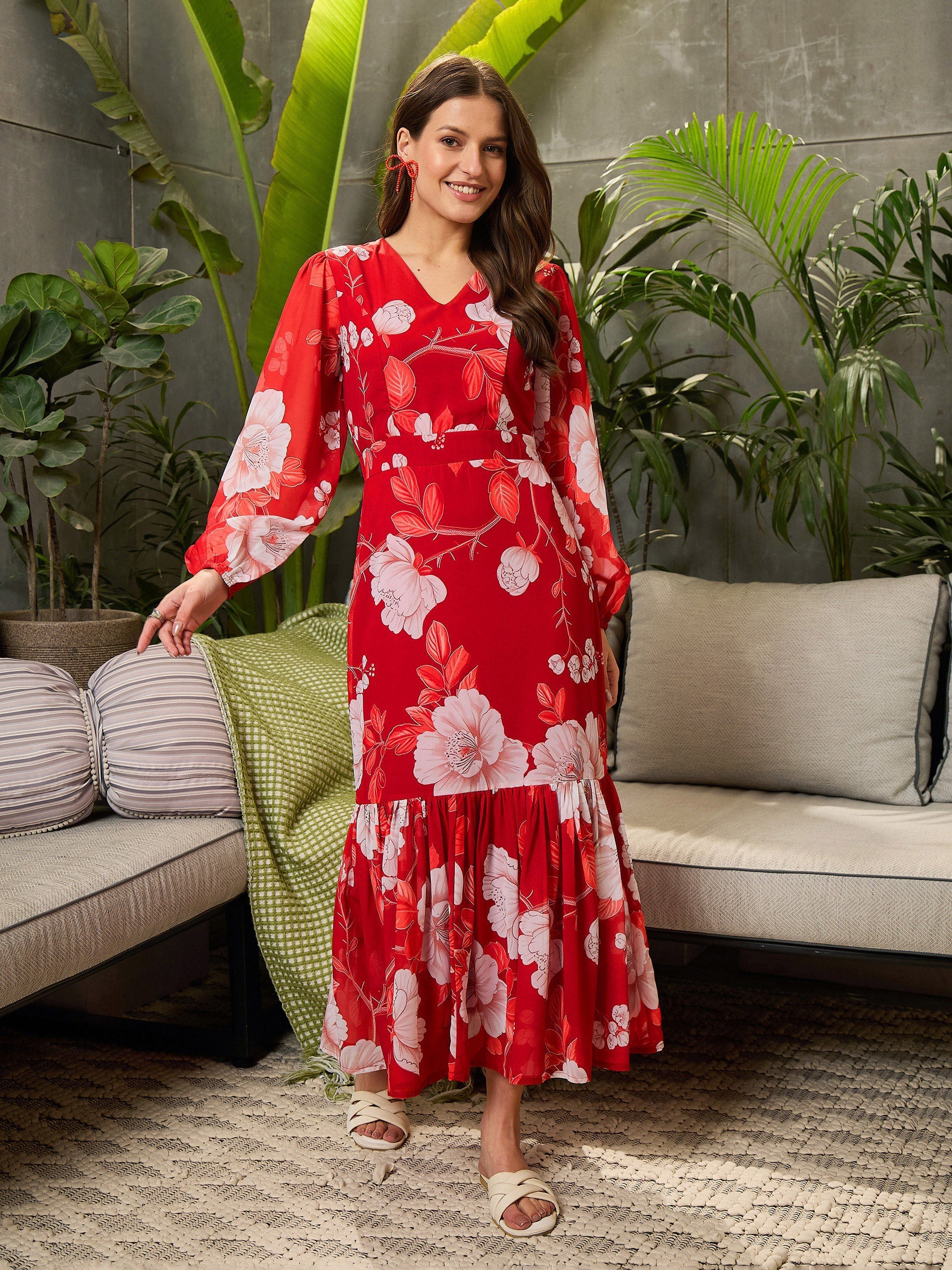 Women Red Floral Baloon Sleeve Midi Dress-SFDRSS12699
