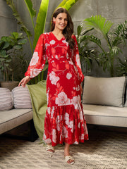 Women Red Floral Baloon Sleeve Midi Dress-SFDRSS12699