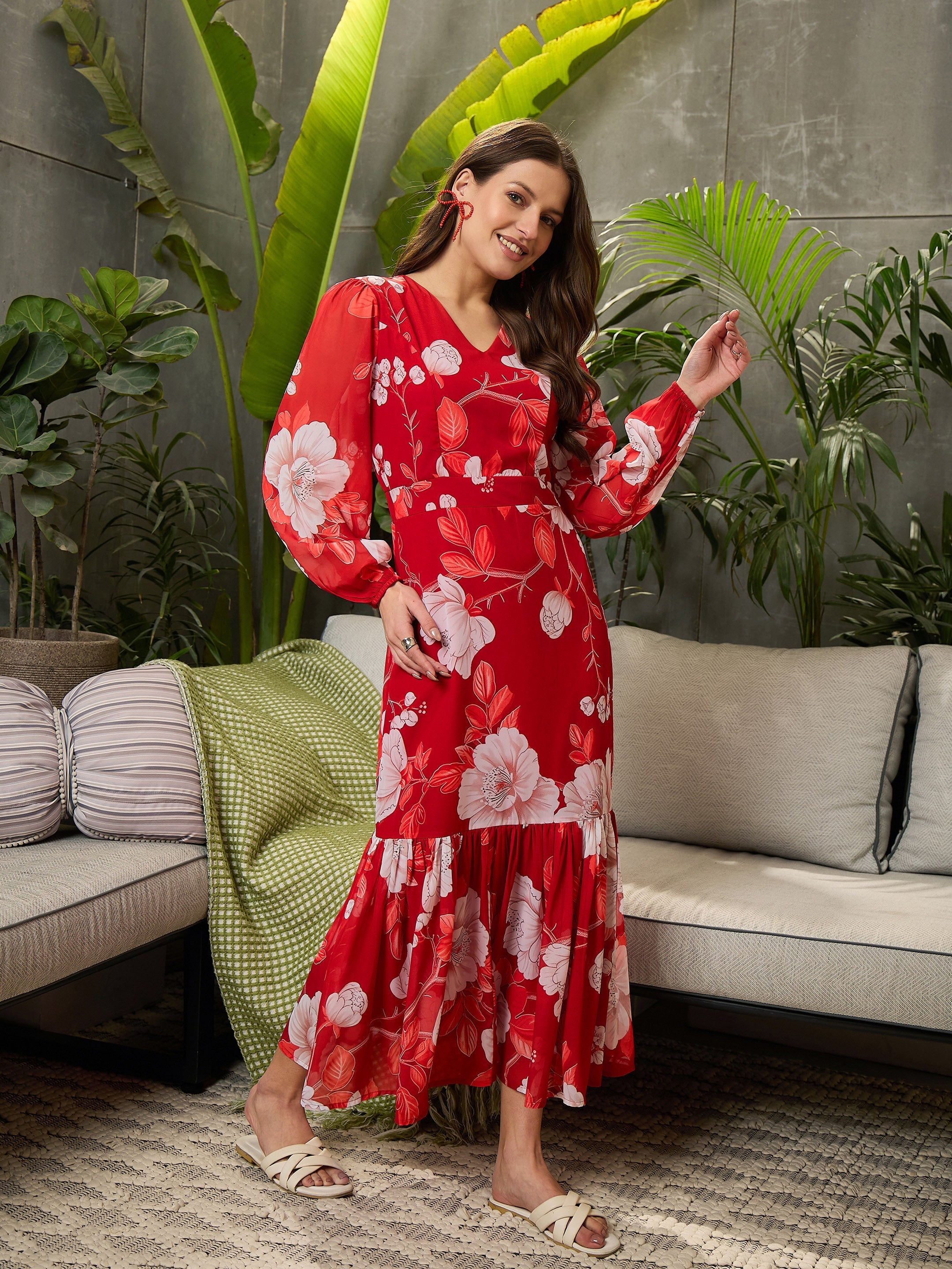 Women Red Floral Baloon Sleeve Midi Dress-SFDRSS12699