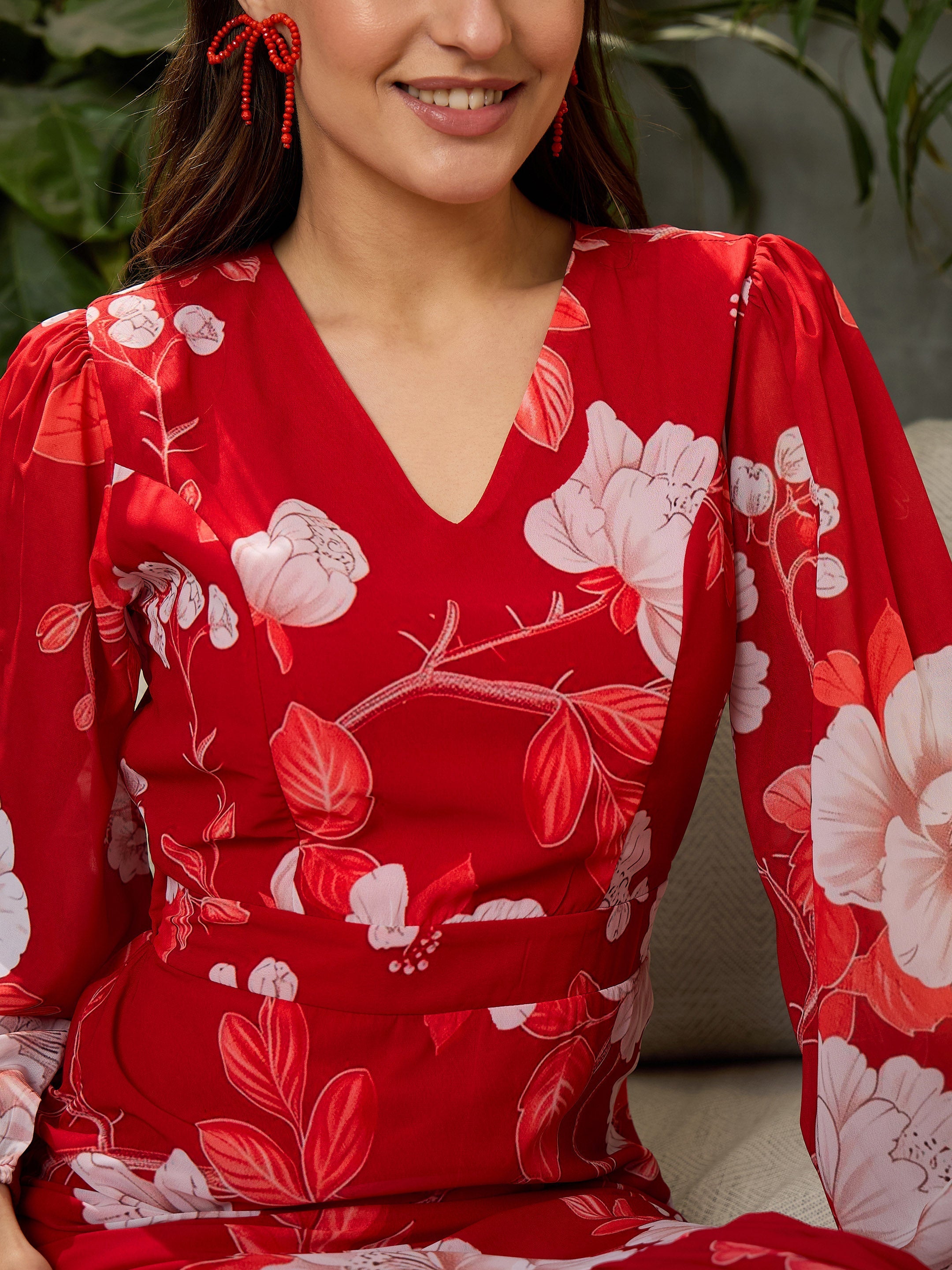 Women Red Floral Baloon Sleeve Midi Dress-SFDRSS12699