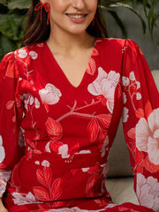 Women Red Floral Baloon Sleeve Midi Dress-SFDRSS12699