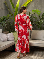 Women Red Floral Baloon Sleeve Midi Dress-SFDRSS12699