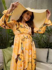 Women Yellow Floral Wrap V-Neck Maxi Dress-SFDRSS12700