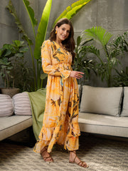 Women Yellow Floral Wrap V-Neck Maxi Dress-SFDRSS12700