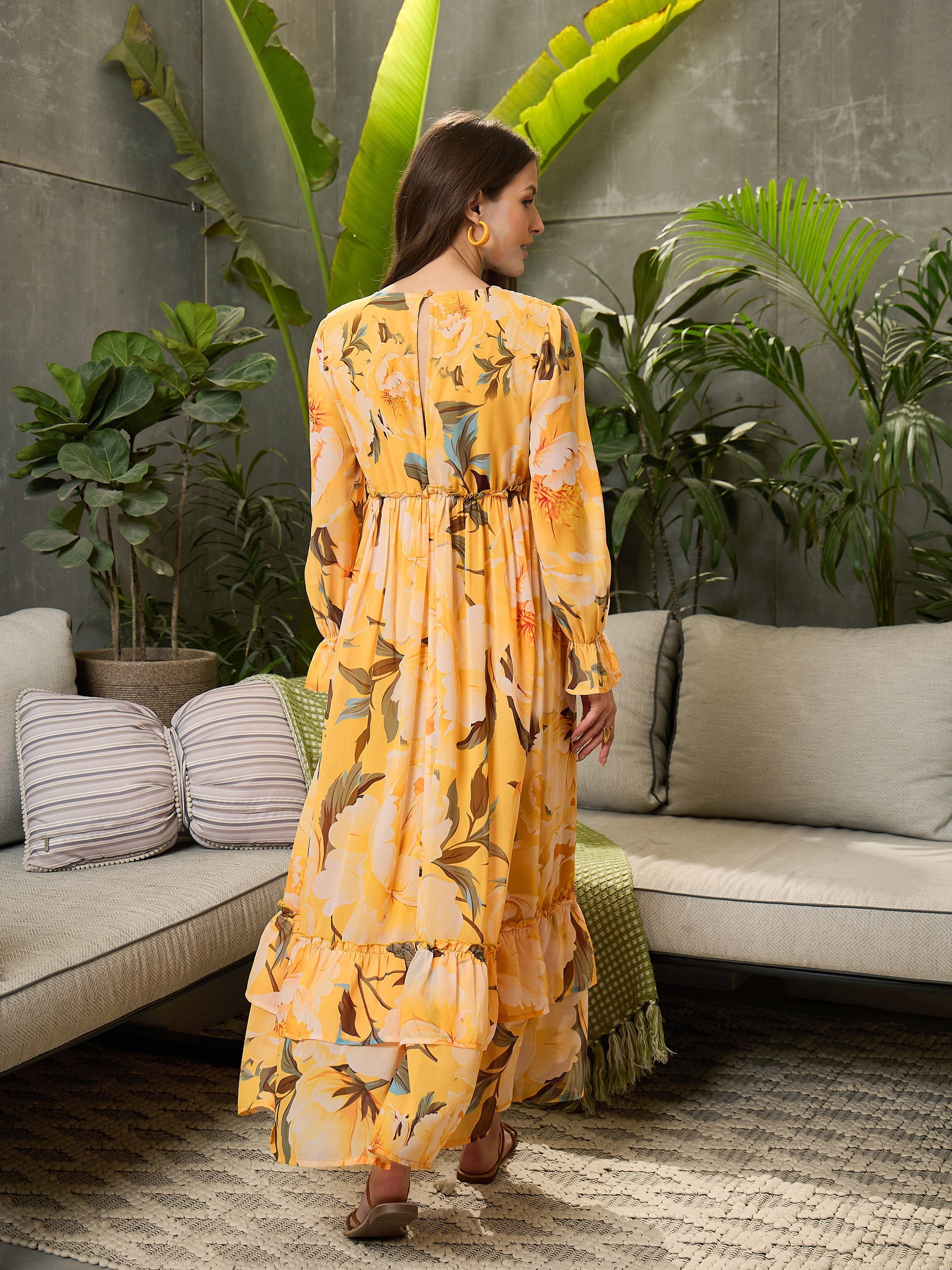 Women Yellow Floral Wrap V-Neck Maxi Dress-SFDRSS12700