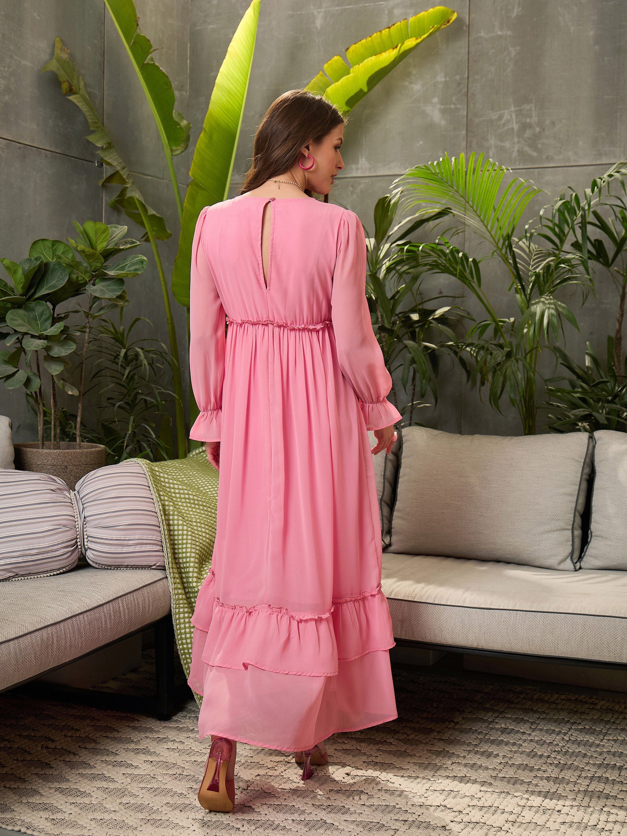 Women Pink Wrap V-Neck Maxi Dress-SFDRSS12701
