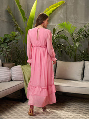 Women Pink Wrap V-Neck Maxi Dress-SFDRSS12701