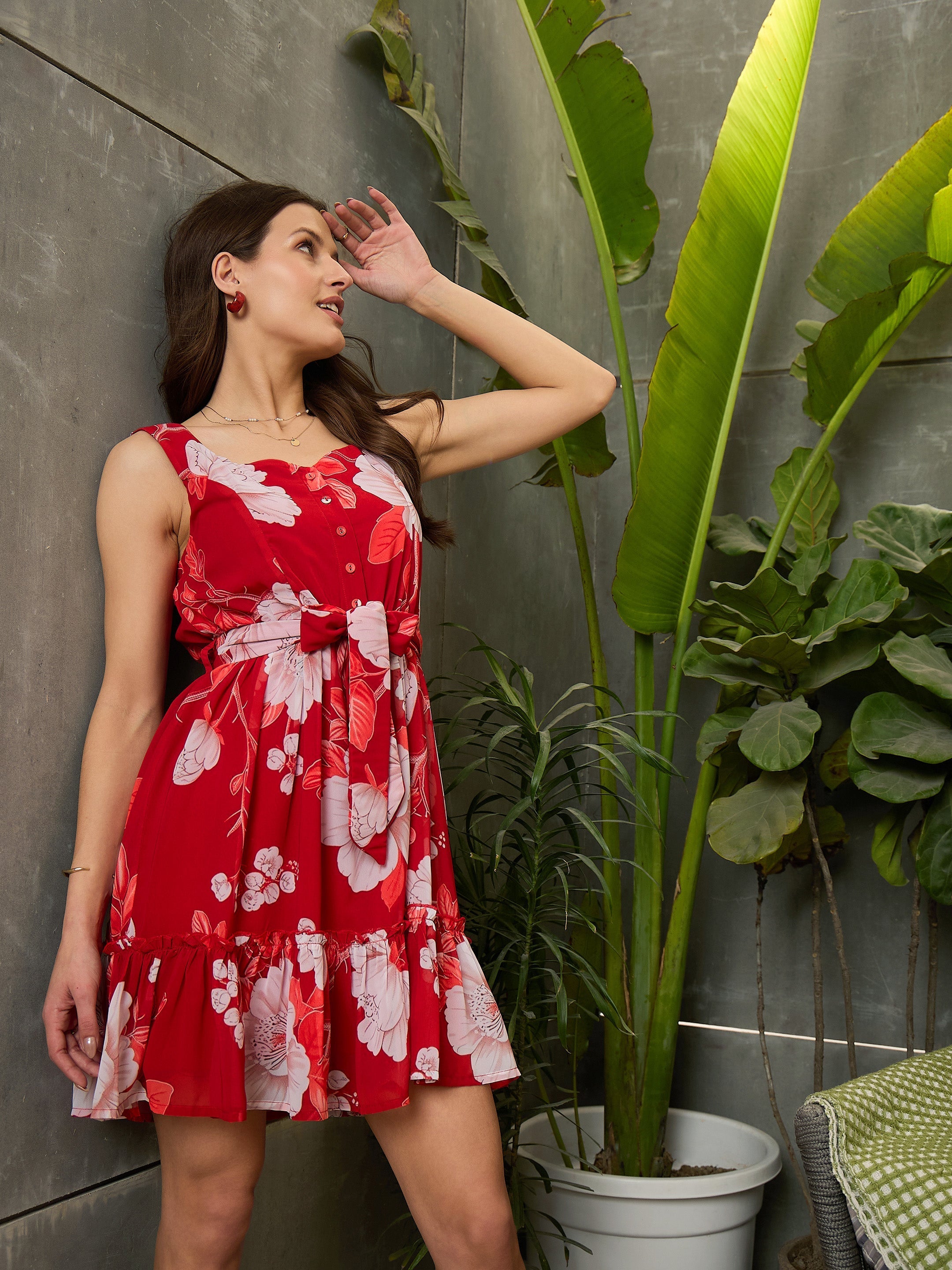 Women Red Floral Strappy Short Dress-SFDRSS12704