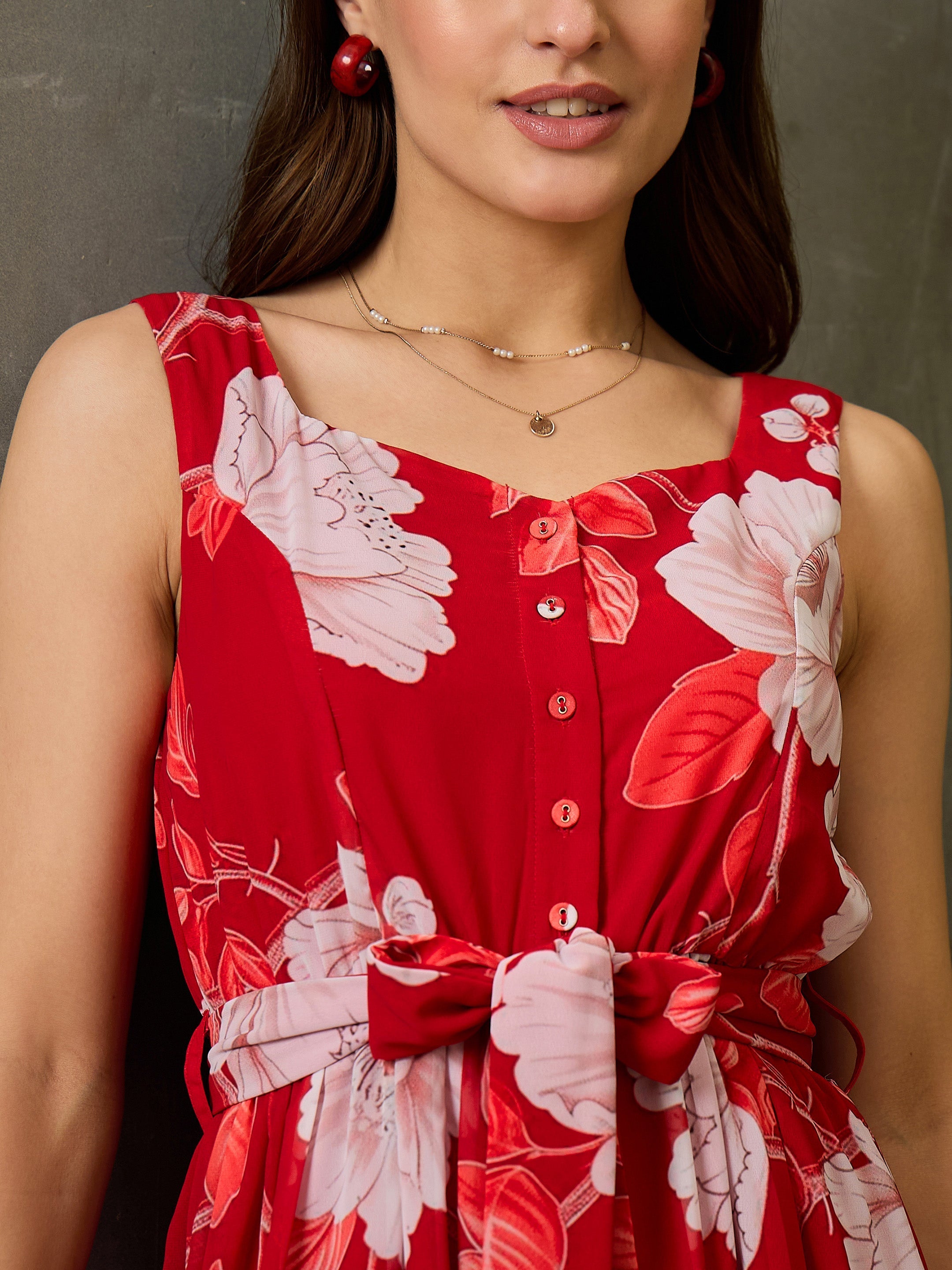 Women Red Floral Strappy Short Dress-SFDRSS12704