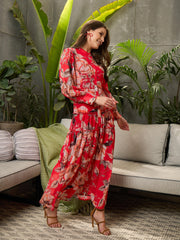 Women Red Floral Front Button Placket Maxi Dress-SFDRSS12706