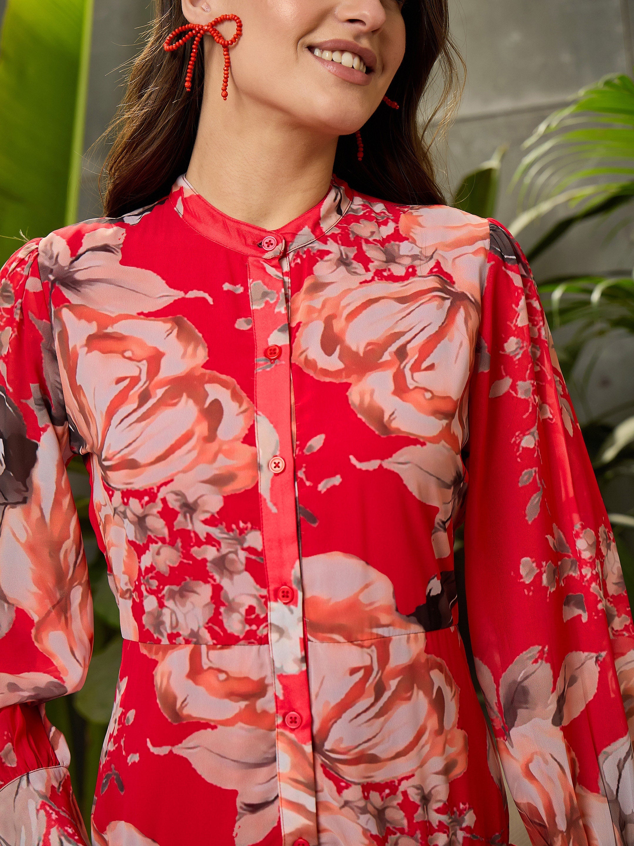 Women Red Floral Front Button Placket Maxi Dress-SFDRSS12706