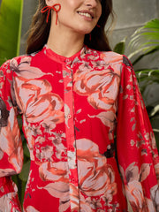 Women Red Floral Front Button Placket Maxi Dress-SFDRSS12706