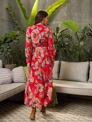 Women Red Floral Front Button Placket Maxi Dress-SFDRSS12706