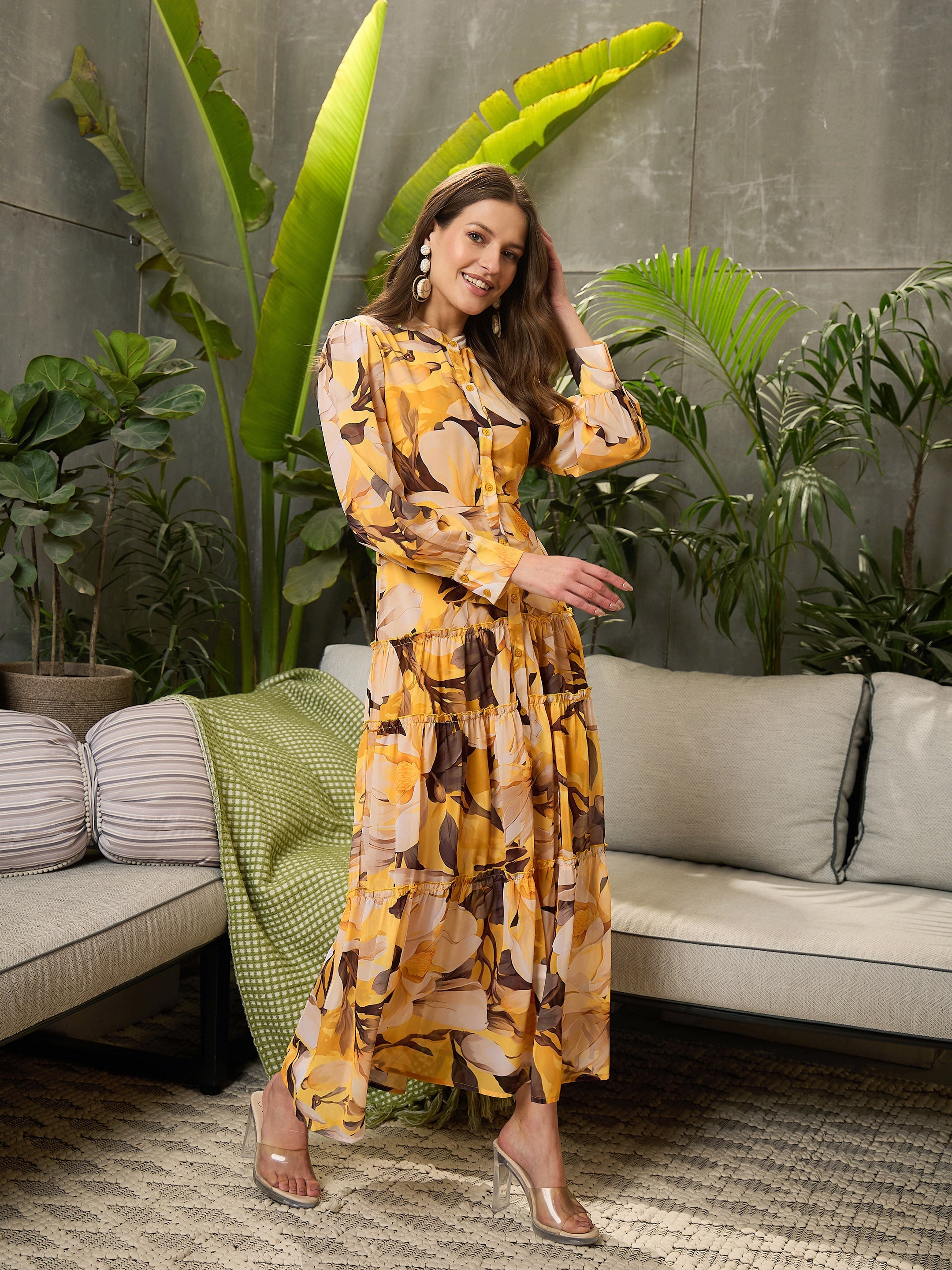 Women Yellow Floral Front Button Placket Maxi Dress-SFDRSS12707