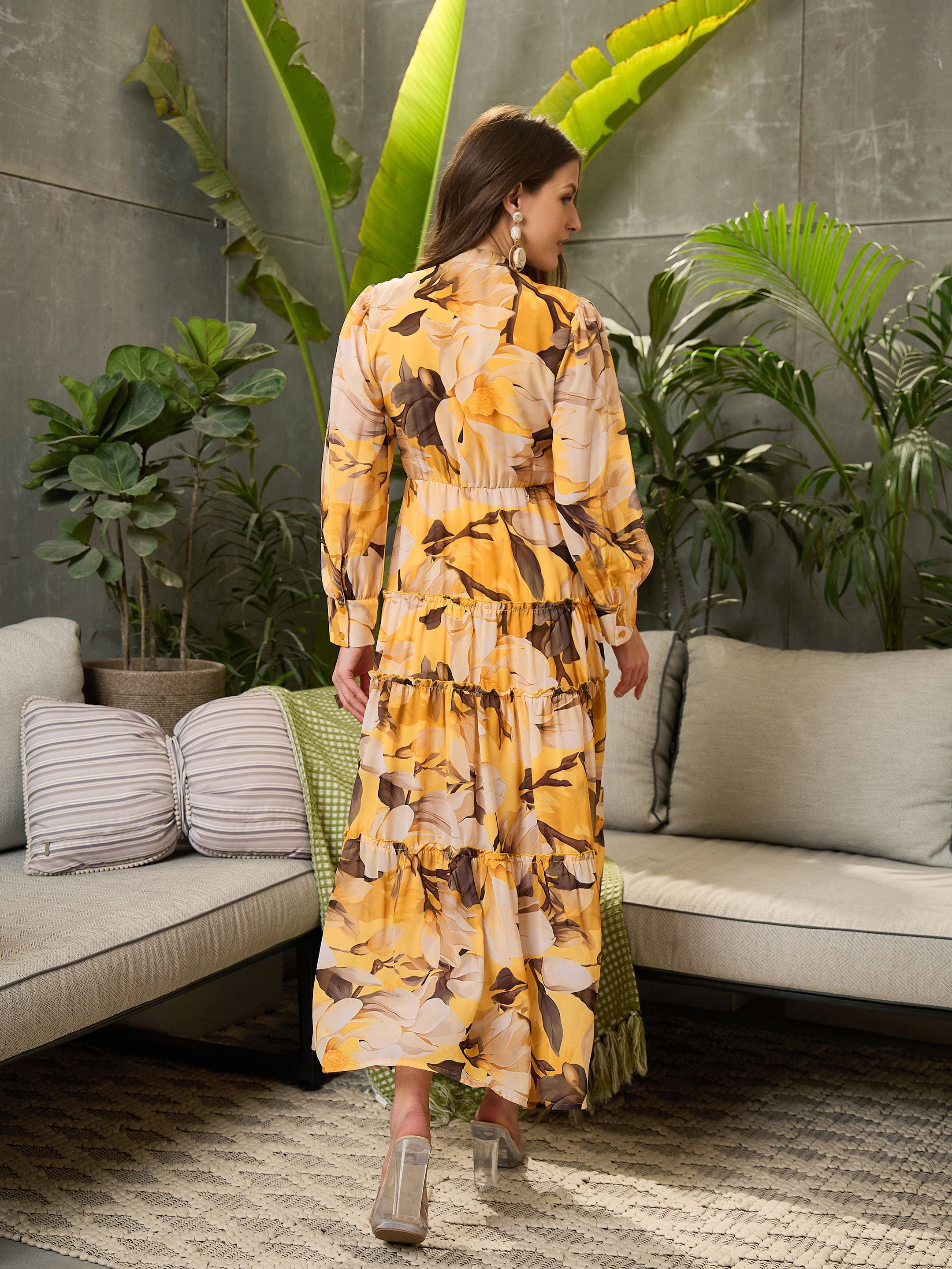 Women Yellow Floral Front Button Placket Maxi Dress-SFDRSS12707