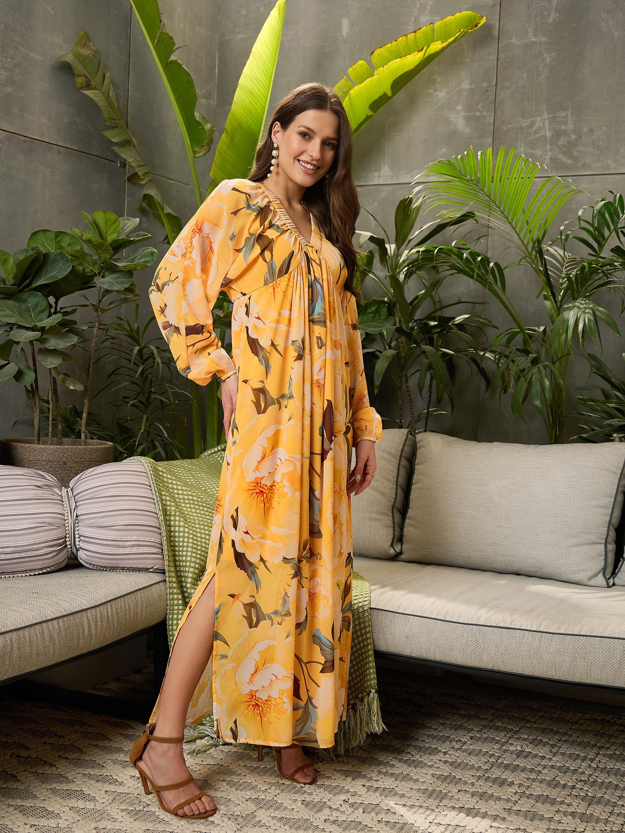 Women Yellow Floral Elasticated V-Neck Maxi Dress-SFDRSS12708