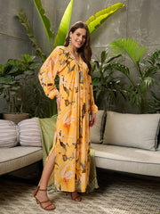 Women Yellow Floral Elasticated V-Neck Maxi Dress-SFDRSS12708