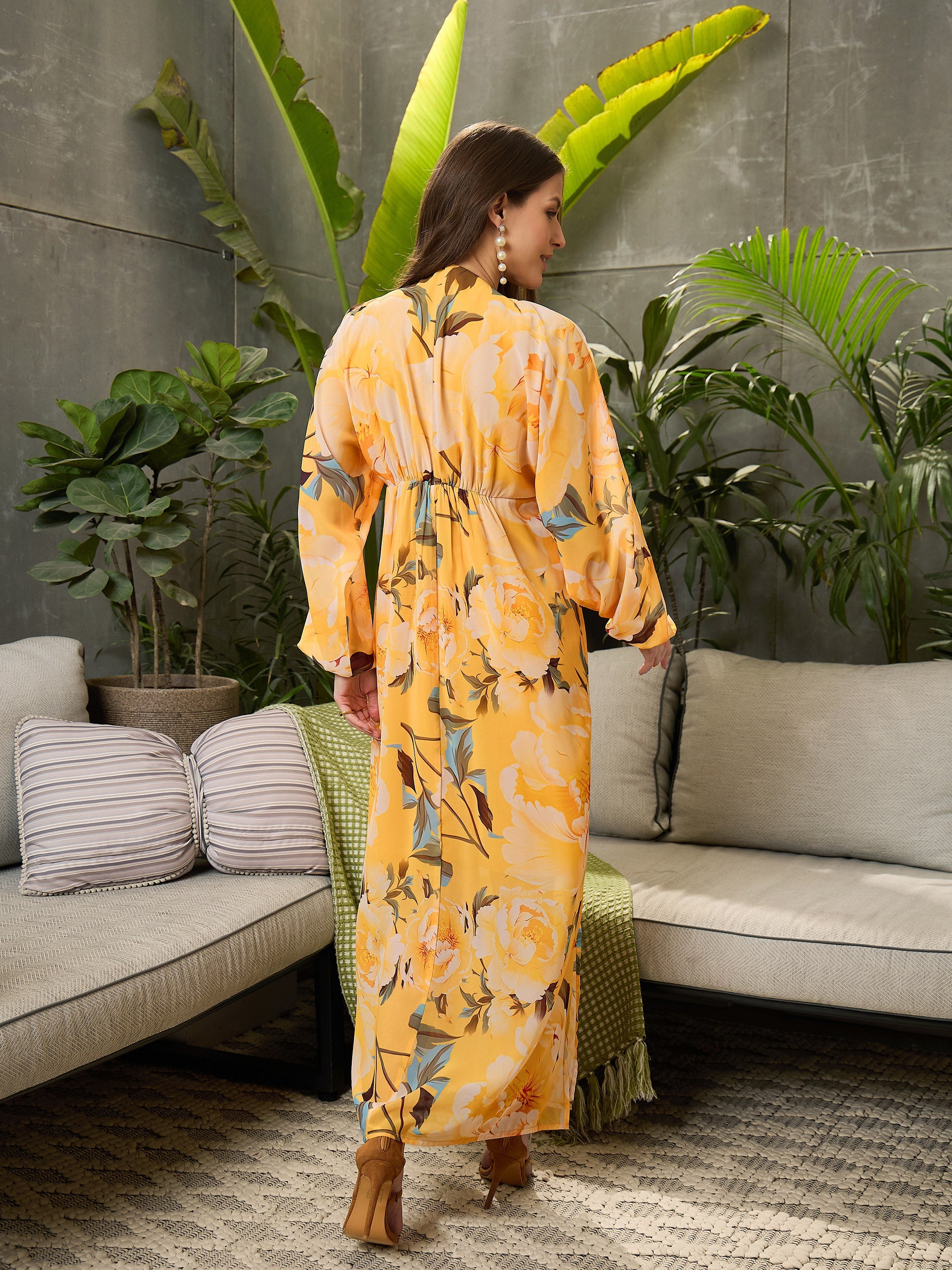 Women Yellow Floral Elasticated V-Neck Maxi Dress-SFDRSS12708
