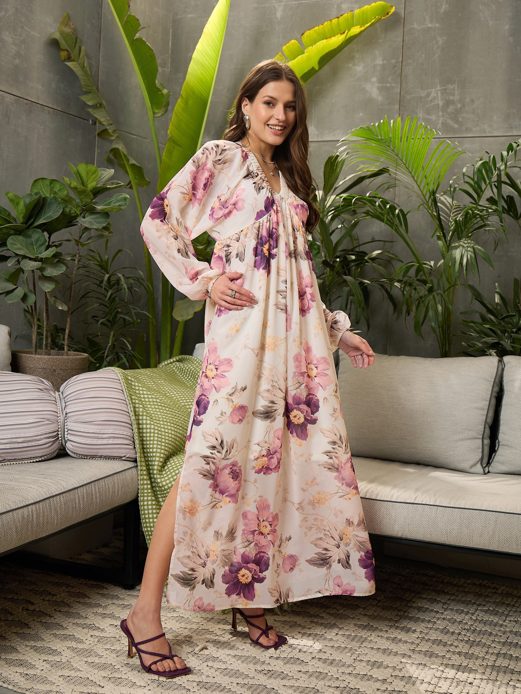 Women Off-White Floral Elasticated V-Neck Maxi Dress-SFDRSS12709