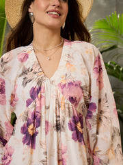 Women Off-White Floral Elasticated V-Neck Maxi Dress-SFDRSS12709