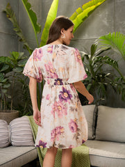 Women Off-White Floral Balloon Sleeve Short Dress-SFDRSS12710