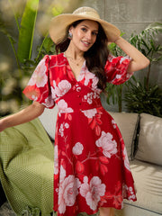 Women Red Floral Balloon Sleeve Short Dress-SFDRSS12711