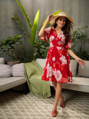 Women Red Floral Balloon Sleeve Short Dress-SFDRSS12711