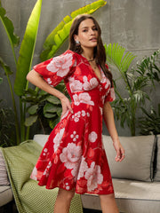 Women Red Floral Balloon Sleeve Short Dress-SFDRSS12711