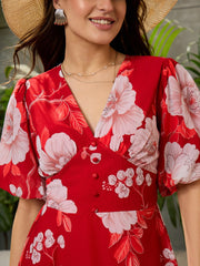 Women Red Floral Balloon Sleeve Short Dress-SFDRSS12711