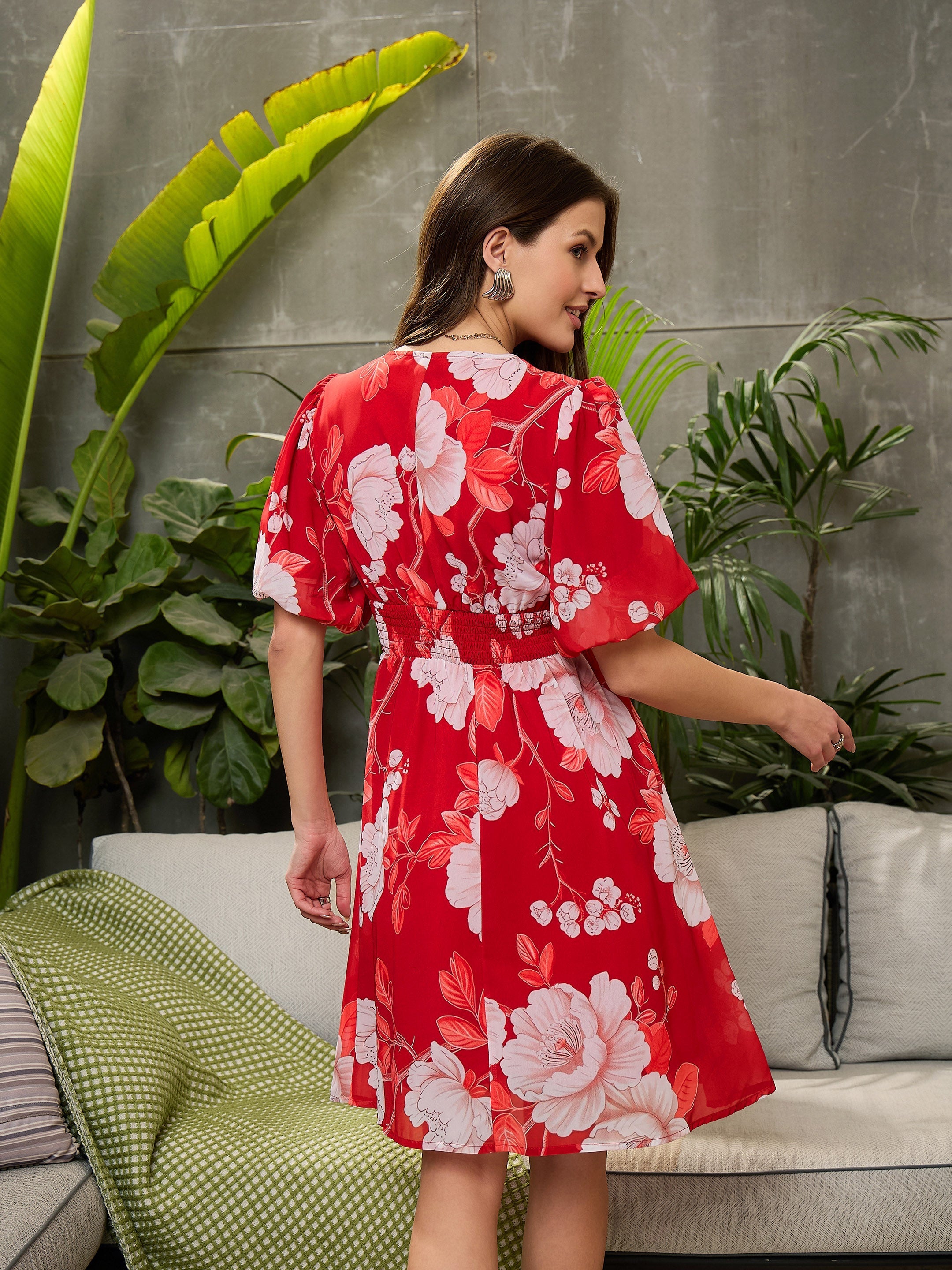 Women Red Floral Balloon Sleeve Short Dress-SFDRSS12711