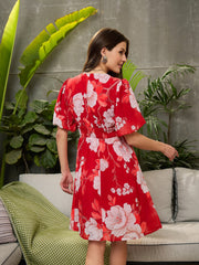 Women Red Floral Balloon Sleeve Short Dress-SFDRSS12711