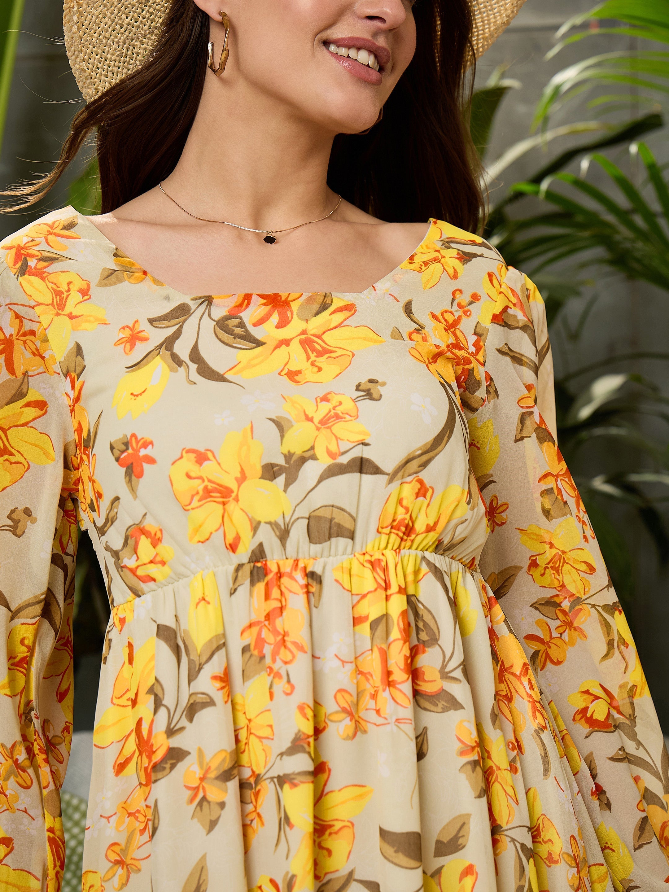 Women Yellow Floral Back Cut-Out Short Dress-SFDRSS12714