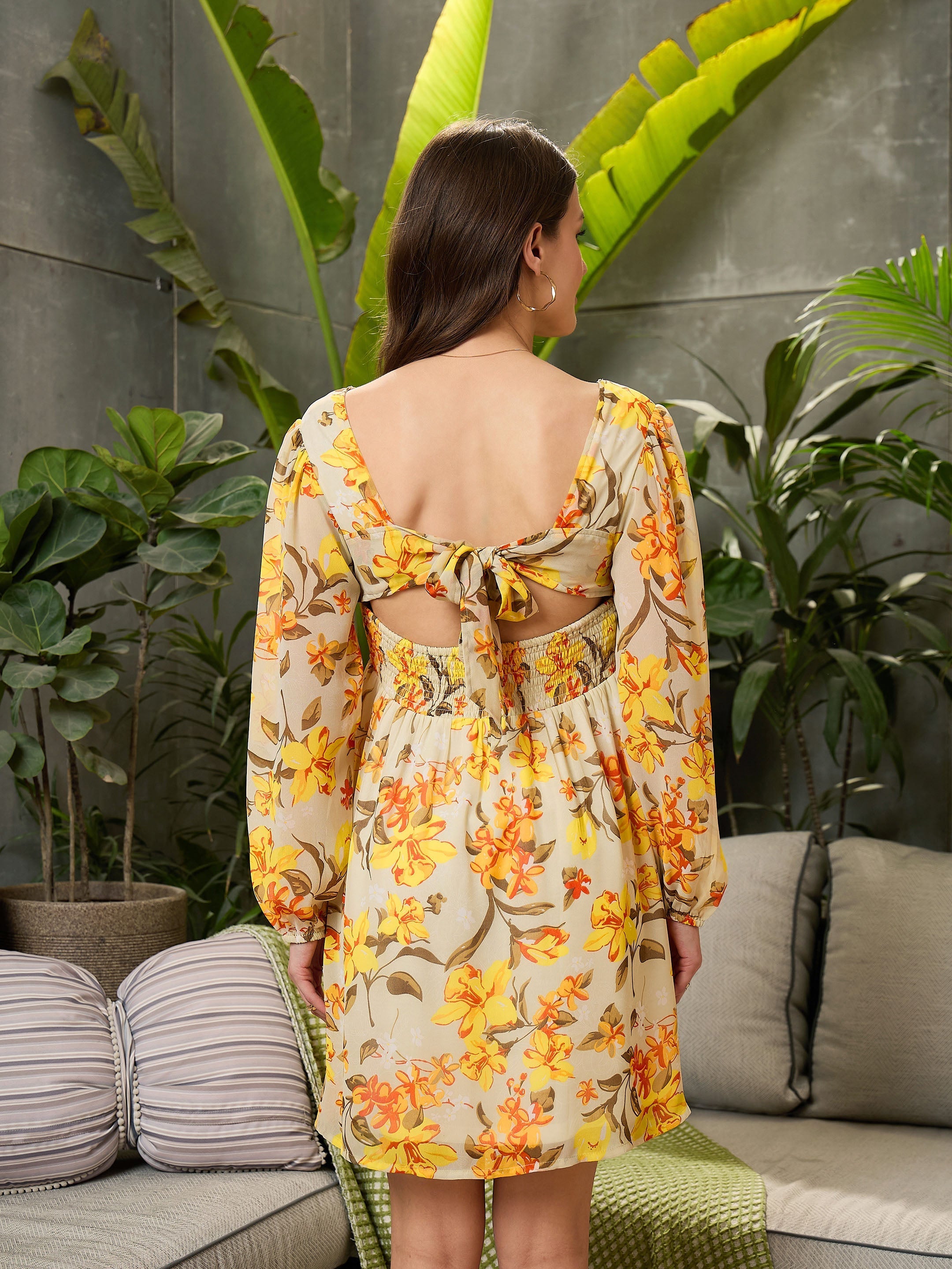 Women Yellow Floral Back Cut-Out Short Dress-SFDRSS12714